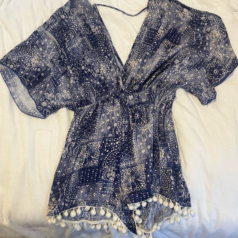 Blue and white pattered romper